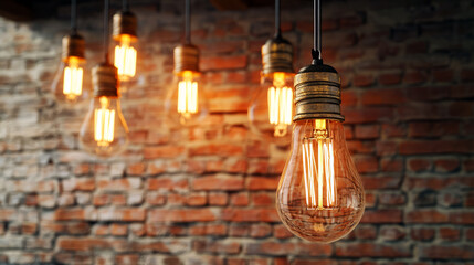 Vintage Edison Light Bulbs Against A Brick Wall.