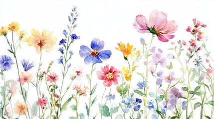 A delicate watercolor of wildflowers, with colorful petals and leaves blending beautifully, forming an artistic and natural arrangement.