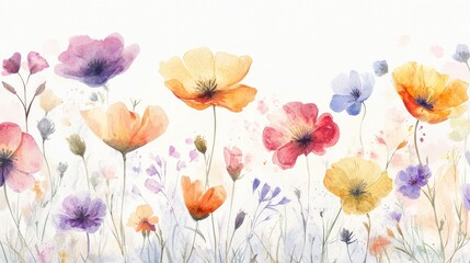 A delicate watercolor illustration of vibrant wildflowers in a spectrum of colors, with soft brushstrokes capturing the essence of natures beauty.