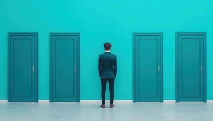 A person standing before multiple mirrors, each reflecting a different future, symbolizing the illusion of choice in goal-setting, dream