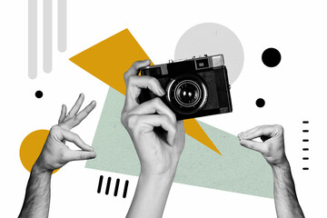 Composite photo collage of hands show mouth imitation gesture speech retro camera photo shoot...