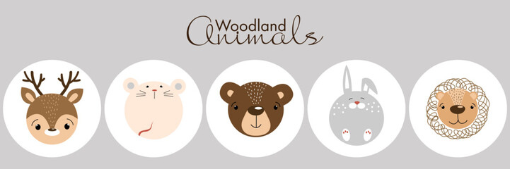 Cute cartoon animals set of animals vector. Woodland animal illustration of bear, mouse, deer, rabbit, lion.