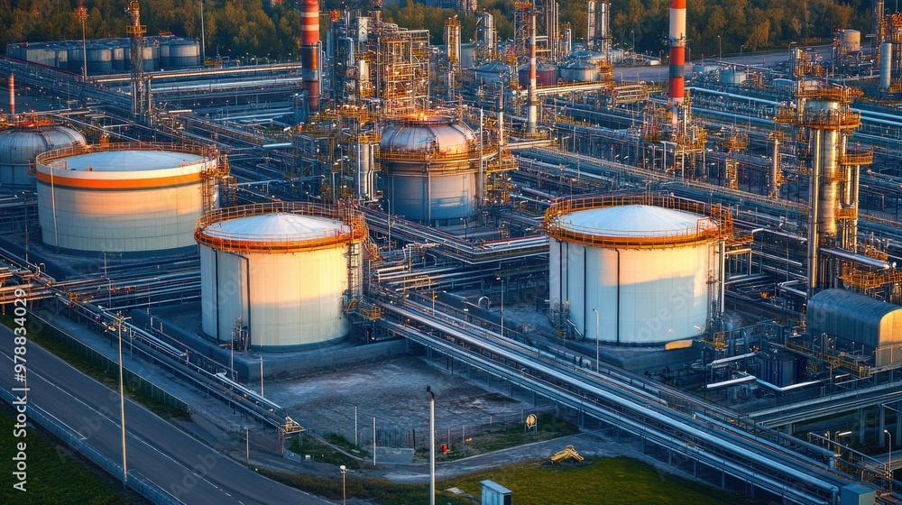 Poster a large gas storage facility with several storage tanks and a complex network of pipelines for distr