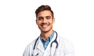 smiling young intern Doctor Man in a Uniform isolated on transparent background