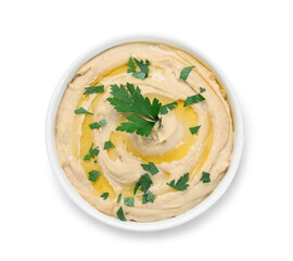 Delicious hummus with olive oil and parsley isolated on white, top view