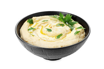 Delicious hummus with olive oil and parsley isolated on white