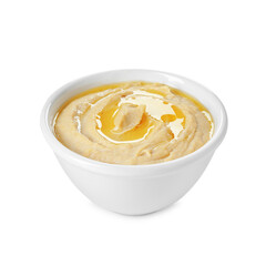 Delicious hummus with olive oil isolated on white