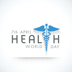 World heath day poster design with 3d blue caduceus medical symbol on white background.