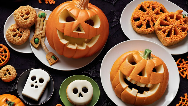 Halloween snacks concept background, Halloween day desserts, sweet dessert on Halloween, various unique snacks on Halloween, cute and unique desserts on Halloween day, ai generated