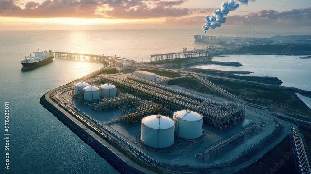 Poster a large-scale lng storage site located near a coastal port, with pipelines connecting the storage ta