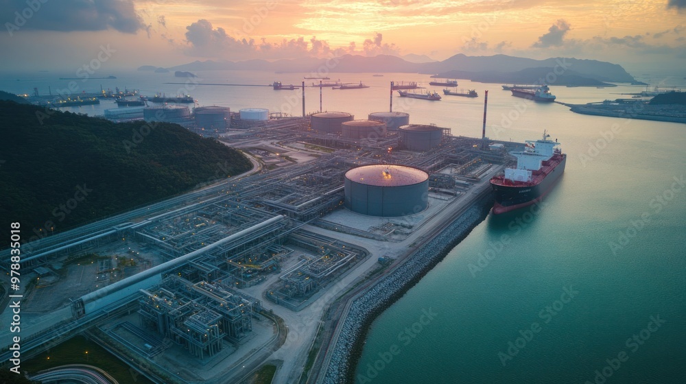 Poster a large-scale lng storage site located near a coastal port, with pipelines connecting the storage ta