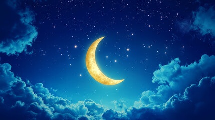 Glowing crescent moon in a starry night sky surrounded by blue clouds, creating a calm and magical celestial scene of a serene nighttime atmosphere.
