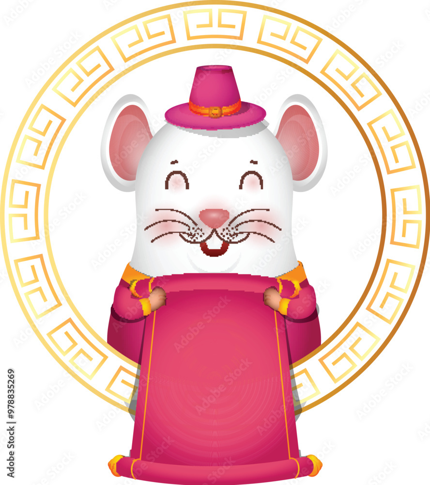 Poster cartoon chinese rat character holding blank scroll paper in circular frame element.