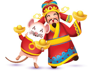 Happy Chinese God of Wealth and Cartoon Rat Holding Ingots Elements.