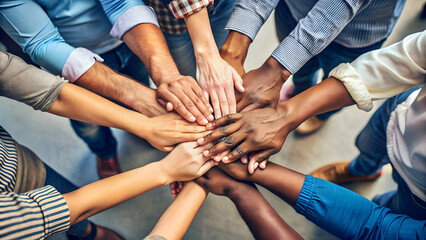 A group of diverse hands coming together in unity and teamwork , teamwork, collaboration, support, partnership