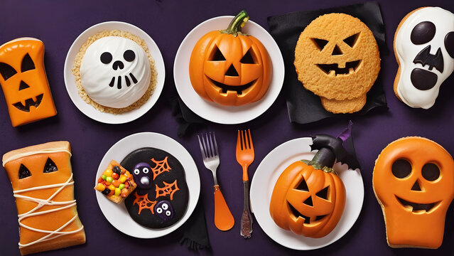 Halloween snacks concept background, Halloween day desserts, sweet dessert on Halloween, various unique snacks on Halloween, cute and unique desserts on Halloween day, ai generated