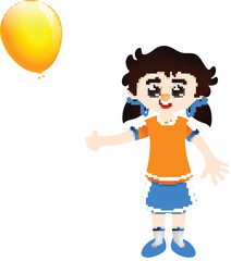 Cute Girl Character Holding a Balloon in Standing Pose.