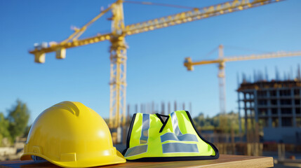 Construction Safety Gear - Hard Hat And Safety Vest On A Wooden Table