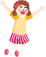 Cartoon Character of Happy Girl Raising Hands Up in Jumping Pose.