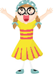Cartoon Character of Happy Girl Raising Hands Up in Standing Pose.