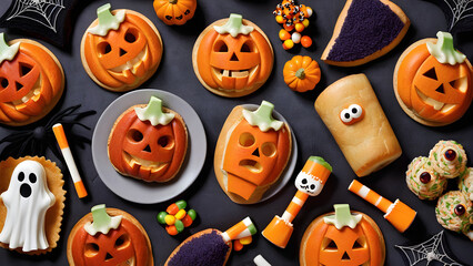 Halloween snacks concept background, Halloween day desserts, sweet dessert on Halloween, various unique snacks on Halloween, cute and unique desserts on Halloween day, ai generated