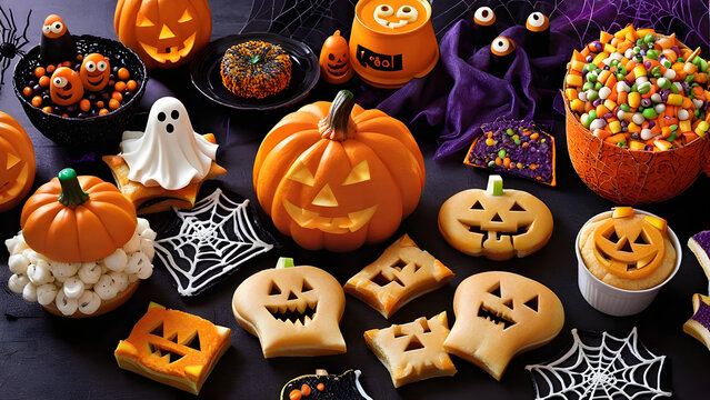 Halloween snacks concept background, Halloween day desserts, sweet dessert on Halloween, various unique snacks on Halloween, cute and unique desserts on Halloween day, ai generated