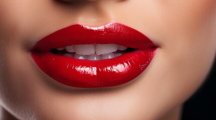 Fototapeta premium Close-up of glossy red lips showcasing a bold makeup look in a dramatic lighting setting