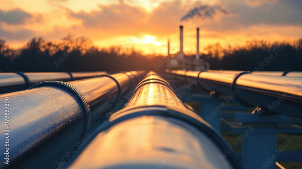 Poster a modern pipeline network transporting fossil fuels from production sites to processing facilities, 