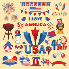 Set of various elements for American Independece Day celebration.