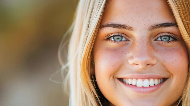 A cheerful young girl with long hair and blue eyes smiles warmly at the camera. Her fresh complexion and freckles enhance her natural beauty, radiating joy and innocence.