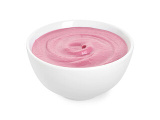 Tasty beetroot hummus in bowl isolated on white