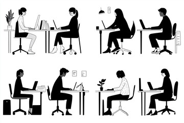 
A black and white illustration series showing employees working at their desks, each in different stages of concentration or collaboration. 