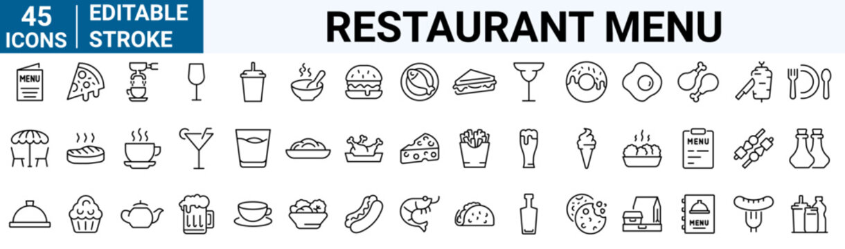 Restaurant menu line icons set.