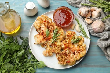 Delicious baked cauliflower steaks with sauce served on blue wooden table, flat lay
