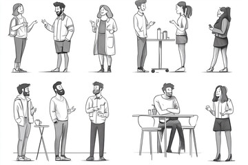 A series of black and white illustrations featuring office workers during a casual coffee break. The characters are chatting and smiling while standing or leaning against desks. 