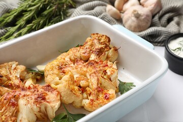 Delicious baked cauliflower steaks served on white tiled table, closeup