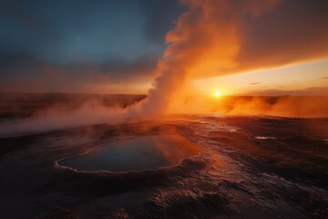 Fototapeta premium Spectacular geothermal landscape at sunset with geyser eruption