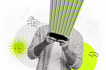 Creative collage young headless man hold smartphone media internet influence propaganda brainwashing mind control checkered background