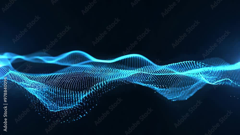 Poster a abstract visualization of digital sound waves in vibrant blue against a deep black background. dyn