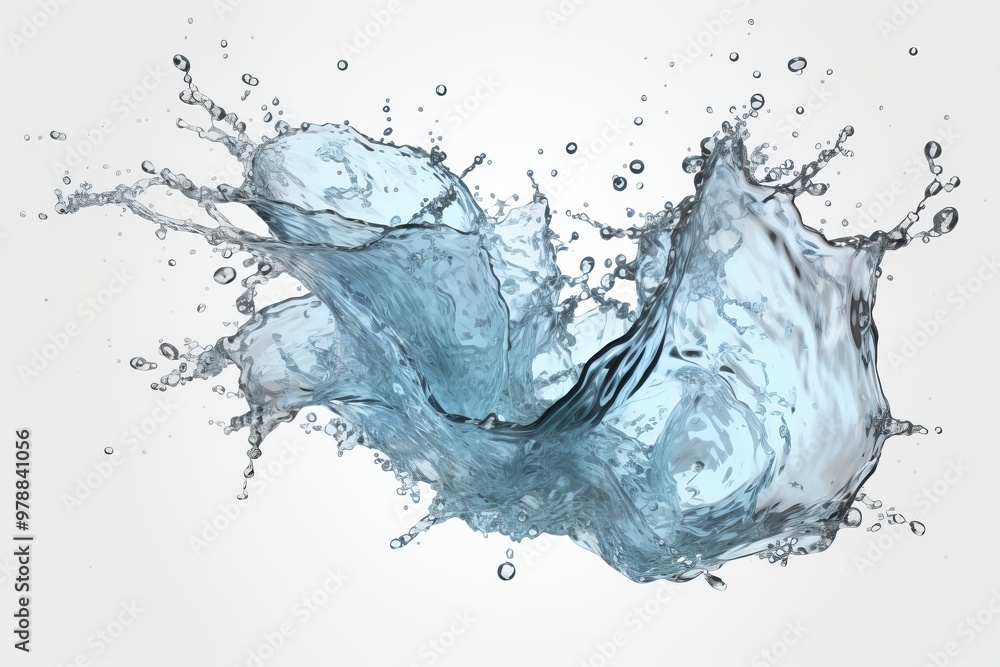 Poster dynamic splash of water creating intricate patterns against a white background