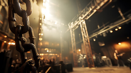 Rust and Chains Heavy chains hang from rusted scaffolding in the factory warehouse