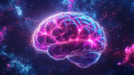 Neon-Lit Digital Brain with Interconnected Synapses and Cosmic Background Featuring Stars and Celestial Bodies