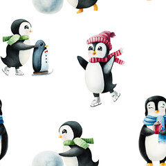 Seamless pattern with cute smiling penguins. Christmas north animal, watercolor hand painted illustration isolated on background. For designers, decoration, shop, for postcards, wrapping paper, covers