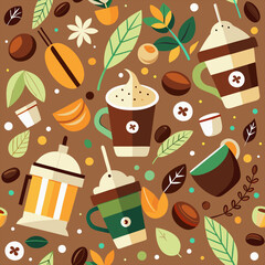 Hot coffee drink abstract geometric pattern. Geometrical shape composition, retro vector background or corporate identity abstract pattern with coffee bean, leaf, turkish jezve, takeaway paper cup