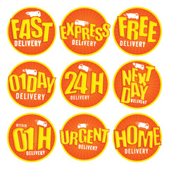 Product Delivery Stickers, Tags, Labels or Badges set, Collection of nine different delivery lettering design, Creative vector illustration.