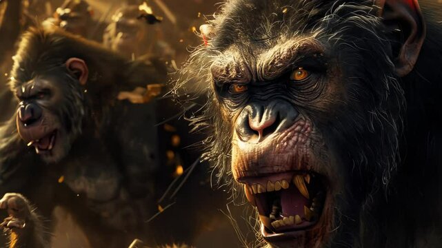 A dramatic scene of fierce apes in chaotic battle. A muscular ape roars at the forefront, surrounded by debris and aggressive companions. Dynamic lighting highlights their intense energy.