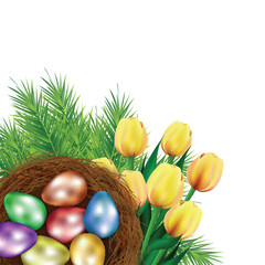 Top View of Colorful Glossy Eggs in Nest with Tulip Flowers on Green Leaves Decorated Background and Copy Space.