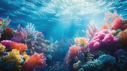 A mesmerizing underwater view of the ocean, showcasing the vibrant colors of coral and marine life in their natural outdoor environment.