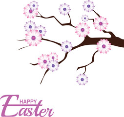 Happy Easter Greeting Card with Pink Sakura Blossom Branch on White Background.