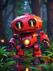 Red Robot in a Rainy Forest